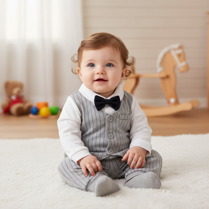 Adorable baby wearing a gray striped baby suit with a bow tie and vest, sitting comfortably on a soft surface, perfect for special occasions.