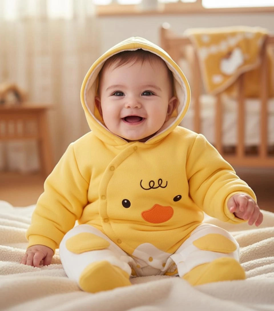 Smiling baby wearing a Baby Fleece Jumpsuit with Hood - Adorable Duckie Design for Boys & Girls, Soft and Cozy, sitting on a blanket.
