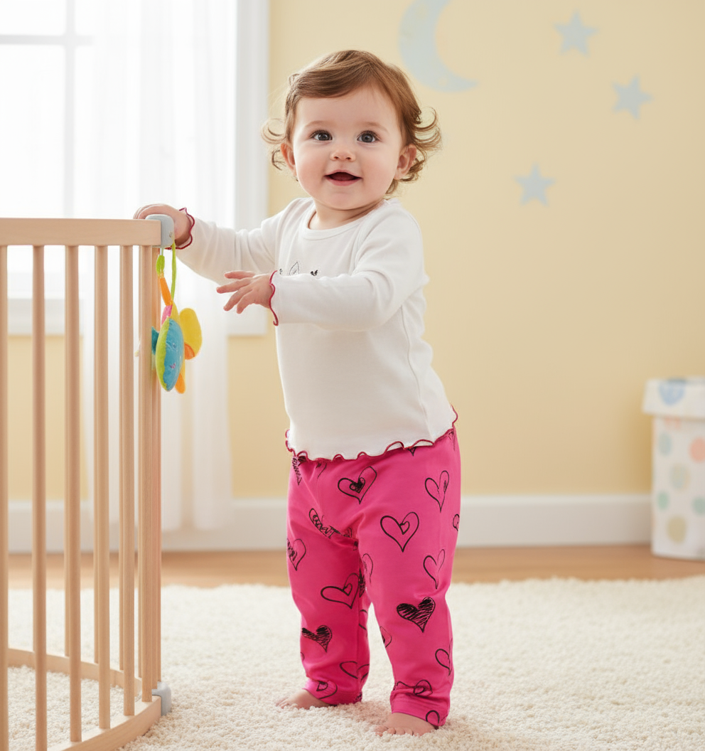 Curly-haired baby girl standing in a playroom wearing a Little Lovebug Baby Girl Clothing Set, which includes a white long-sleeve top and playful pink pants adorned with hearts.