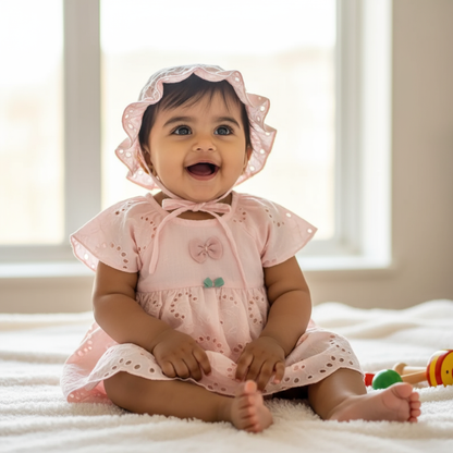 Happy baby girl sitting on a bed, wearing a pink cotton romper dress with a matching sun hat, showcasing the outfit's adorable design and comfort.