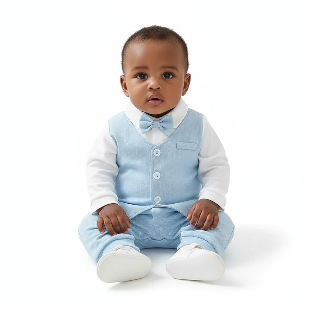 Charming baby boy seated in a Baby Boy Blue Gentleman Suit Jumpsuit with Bow Tie & Vest 18-24M, highlighting the elegant design and soft fabric of this baby boy jumpsuit.