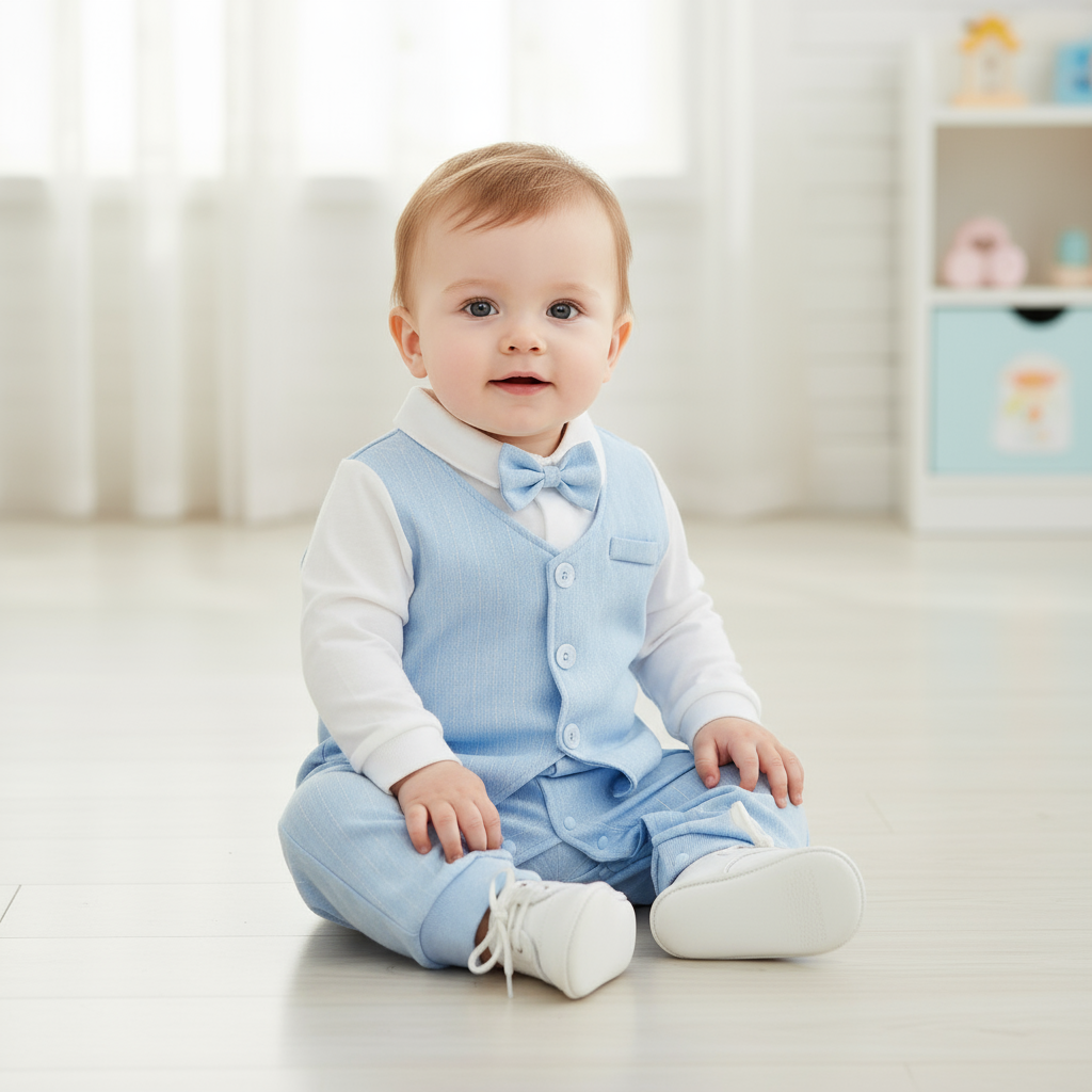 Adorable baby boy wearing a Baby Boy Blue Gentleman Suit Jumpsuit with Bow Tie & Vest 18-24M, smiling while sitting on a bright, airy floor, showcasing the stylish blue jumpsuit perfect for special occasions.