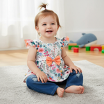 Adorable Toddler Girls Outfit: Floral Peplum Top With Ruffled Sleeves & Denim Jeans Set featuring a smiling toddler girl sitting on a rug, wearing a colorful floral top with an orange bow and denim jeans.