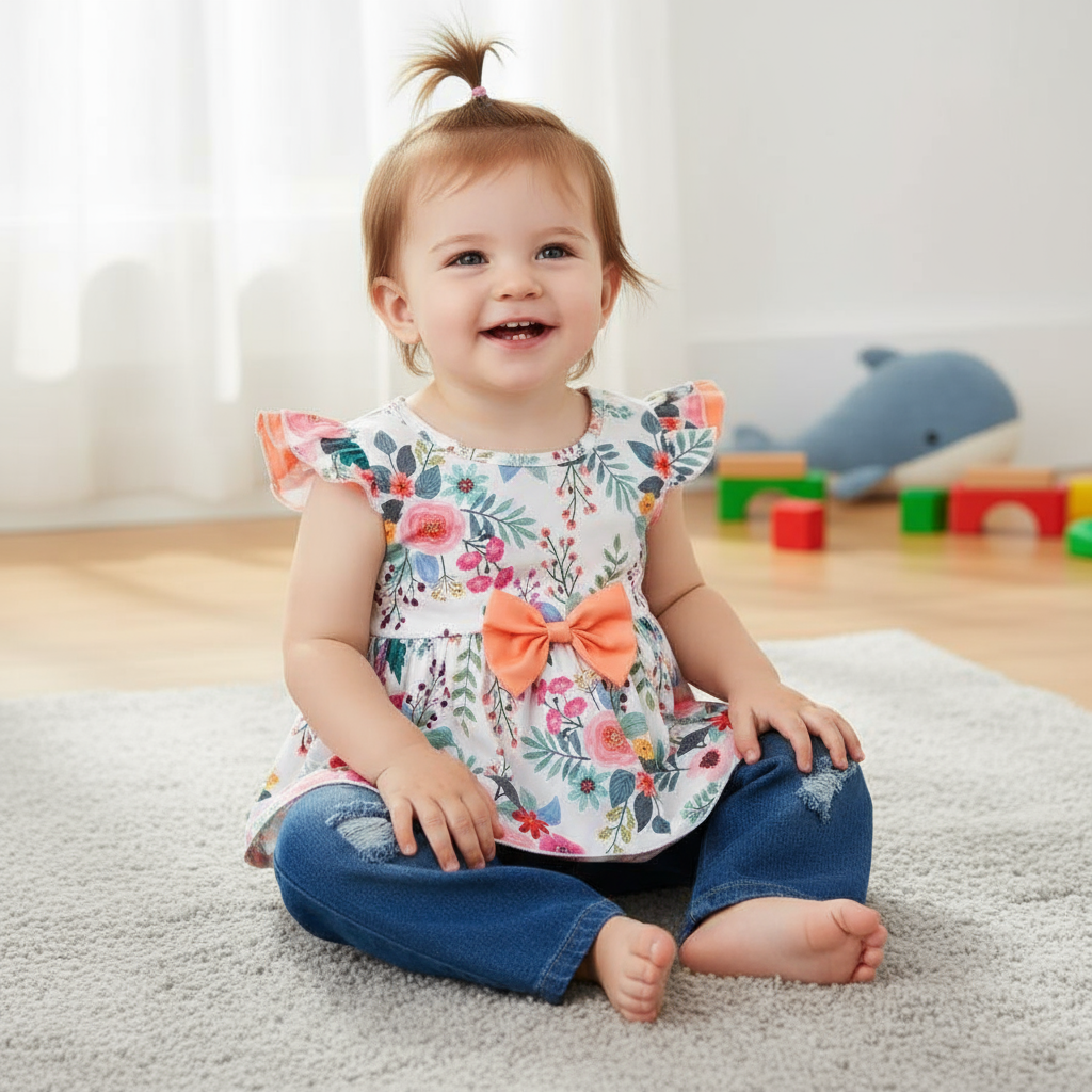 Adorable Toddler Girls Outfit: Floral Peplum Top With Ruffled Sleeves & Denim Jeans Set featuring a smiling toddler girl sitting on a rug, wearing a colorful floral top with an orange bow and denim jeans.