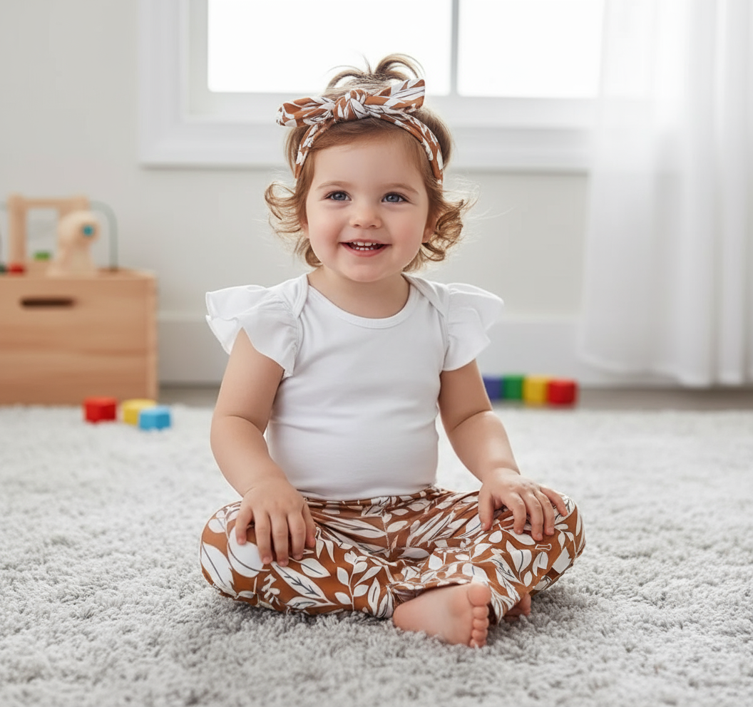 Trendy Baby Girl Outfits: 3-Piece Bell-Bottom Pants Set with White Bodysuit & Headwrap. Happy toddler sitting on a soft rug, showcasing a chic floral outfit and headwrap.
