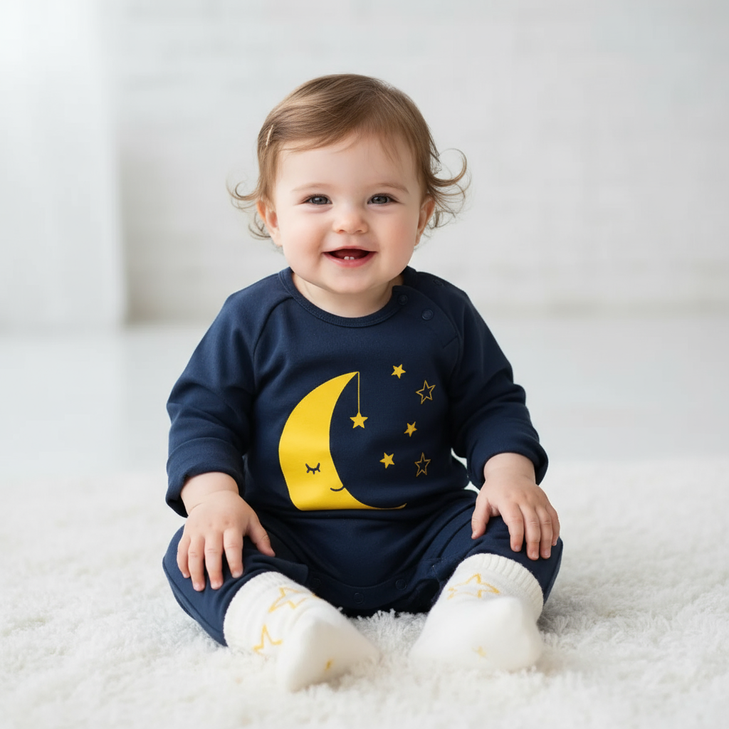 Cute baby enjoying cozy comfort in a Baby Jumpsuit - Unisex Nighty Night Jumpsuit, featuring a moon and stars design.