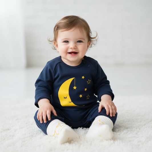 Cute baby enjoying cozy comfort in a Baby Jumpsuit - Unisex Nighty Night Jumpsuit, featuring a moon and stars design.