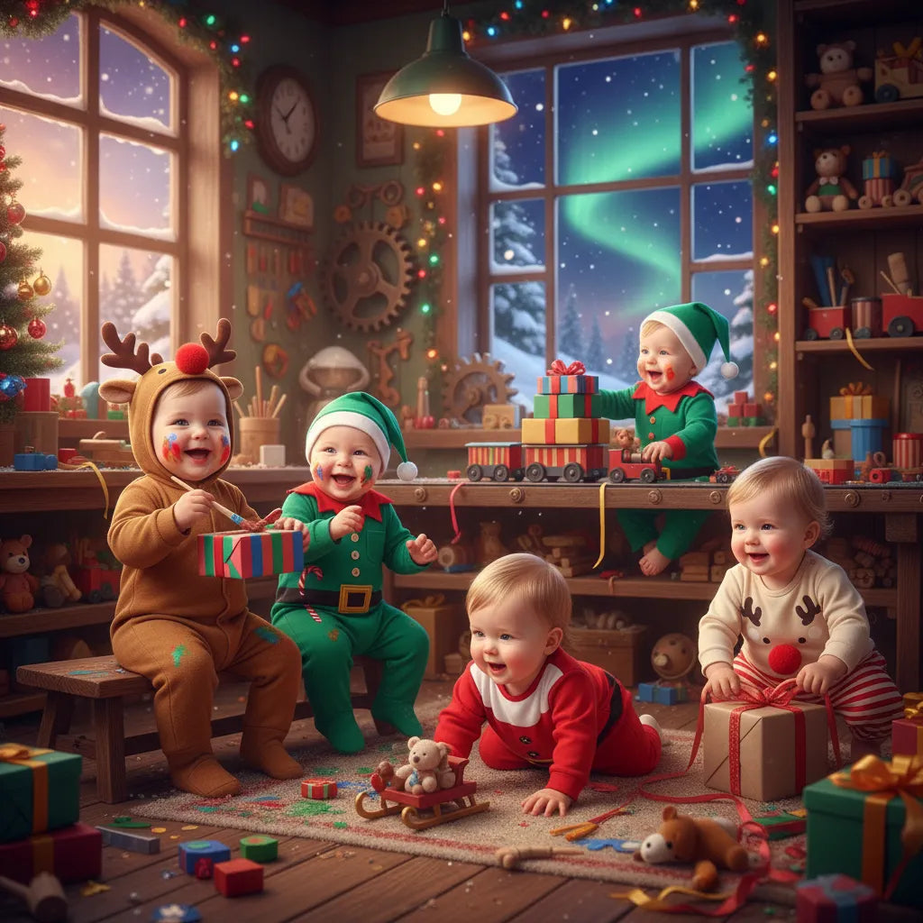 Group of babies in a cozy holiday setting, all dressed in holiday jumpsuits for baby, showcasing fun designs and playing with gifts around a festive environment.