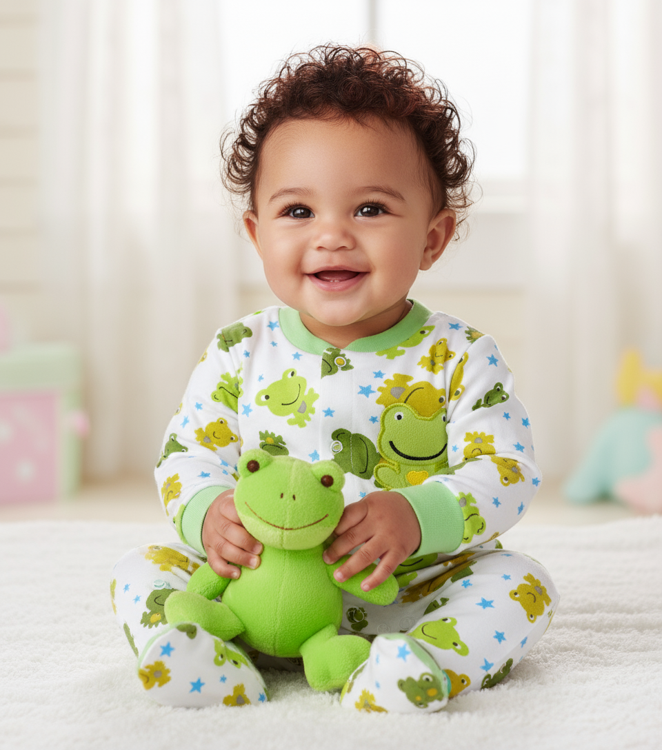 Smiling baby wearing a cozy cotton frog star design baby unisex jumpsuit, holding a stuffed frog toy, perfect outfit for comfort.