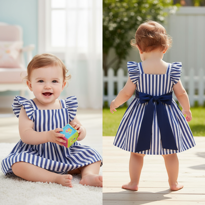 Toddler Girl Dress - Vintage Blue & White Striped A-Line Dress with Flutter Sleeves & Frills worn by a smiling toddler holding a toy in a bright room.