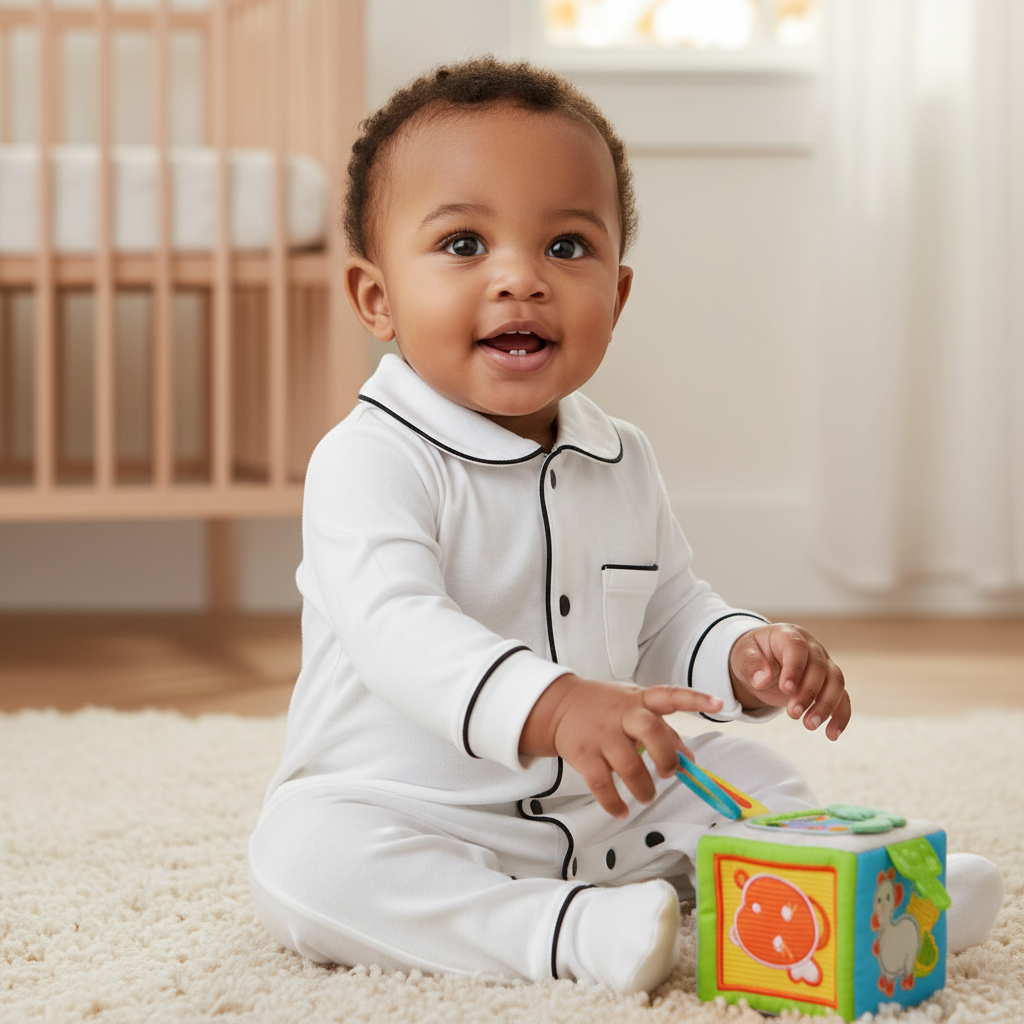 Happy baby sitting and playing with a toy, dressed in Soft Cotton Baby Pajamas with Button Closure & Long Sleeves, featuring a stylish white design.