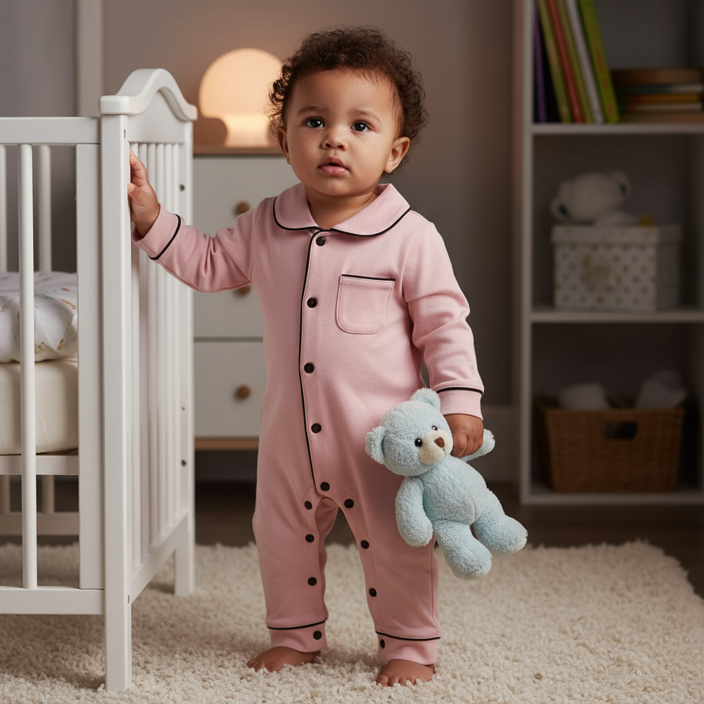 Baby Girl Cotton Pajamas for Babies - Soft Long Sleeve, Snap Button Closure in Pink, an adorable baby boy standing with a teddy bear, dressed in long sleeve pink cotton pajamas.