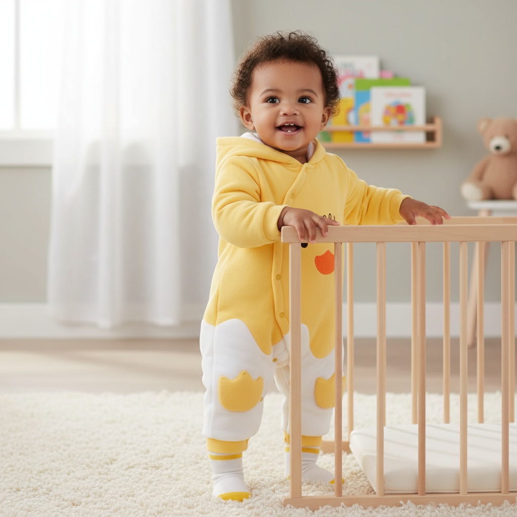 Happy toddler in a Baby Fleece Jumpsuit with Hood - Adorable Duckie Design, standing next to a crib, showcasing the cheerful outfit.