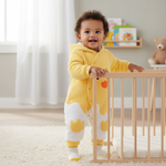 Happy toddler in a Baby Fleece Jumpsuit with Hood - Adorable Duckie Design, standing next to a crib, showcasing the cheerful outfit.
