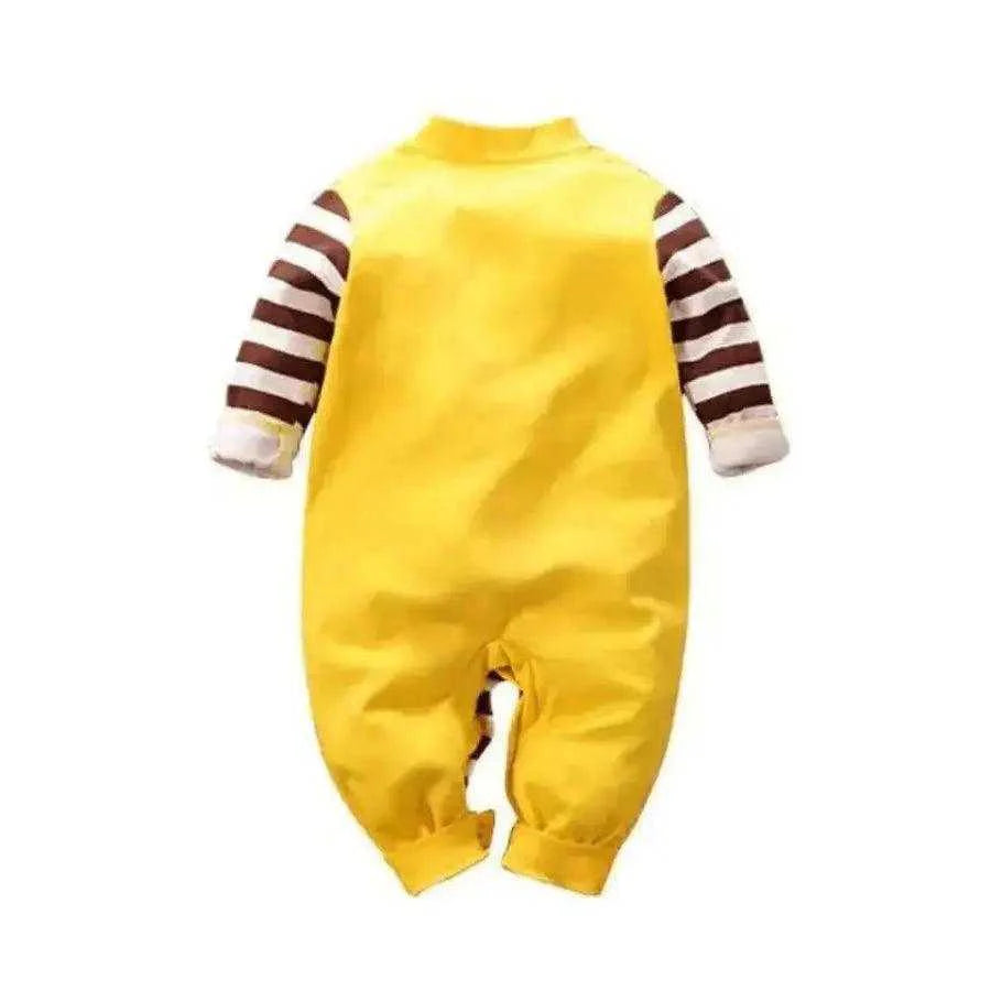 Baby boy's one-piece romper in yellow and brown stripes with a delightful horse graphic, perfect for stylish comfort.
