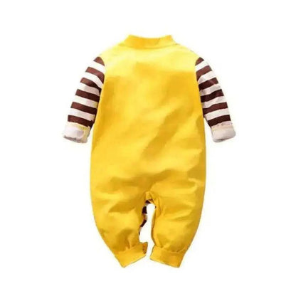 Baby boy's one-piece romper in yellow and brown stripes with a delightful horse graphic, perfect for stylish comfort.
