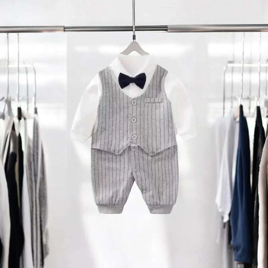 Baby Boy Gray Striped Gentleman Jumpsuit - 