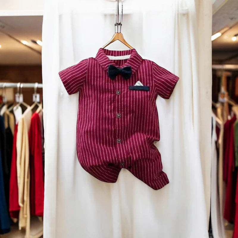 Baby Boy Striped Gentleman One-Piece Jumpsuit Red with Bow Tie - 