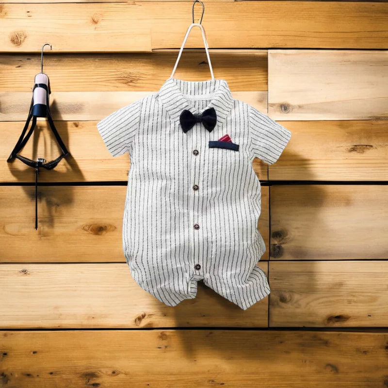 Baby Boy One-Piece Striped Gentleman Jumpsuit White with Bow Tie - 