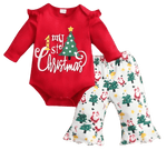 Cute baby girl’s 1st Christmas holiday bodysuit and pants set featuring a Christmas tree design. Ideal for a baby girl's first Christmas outfit.