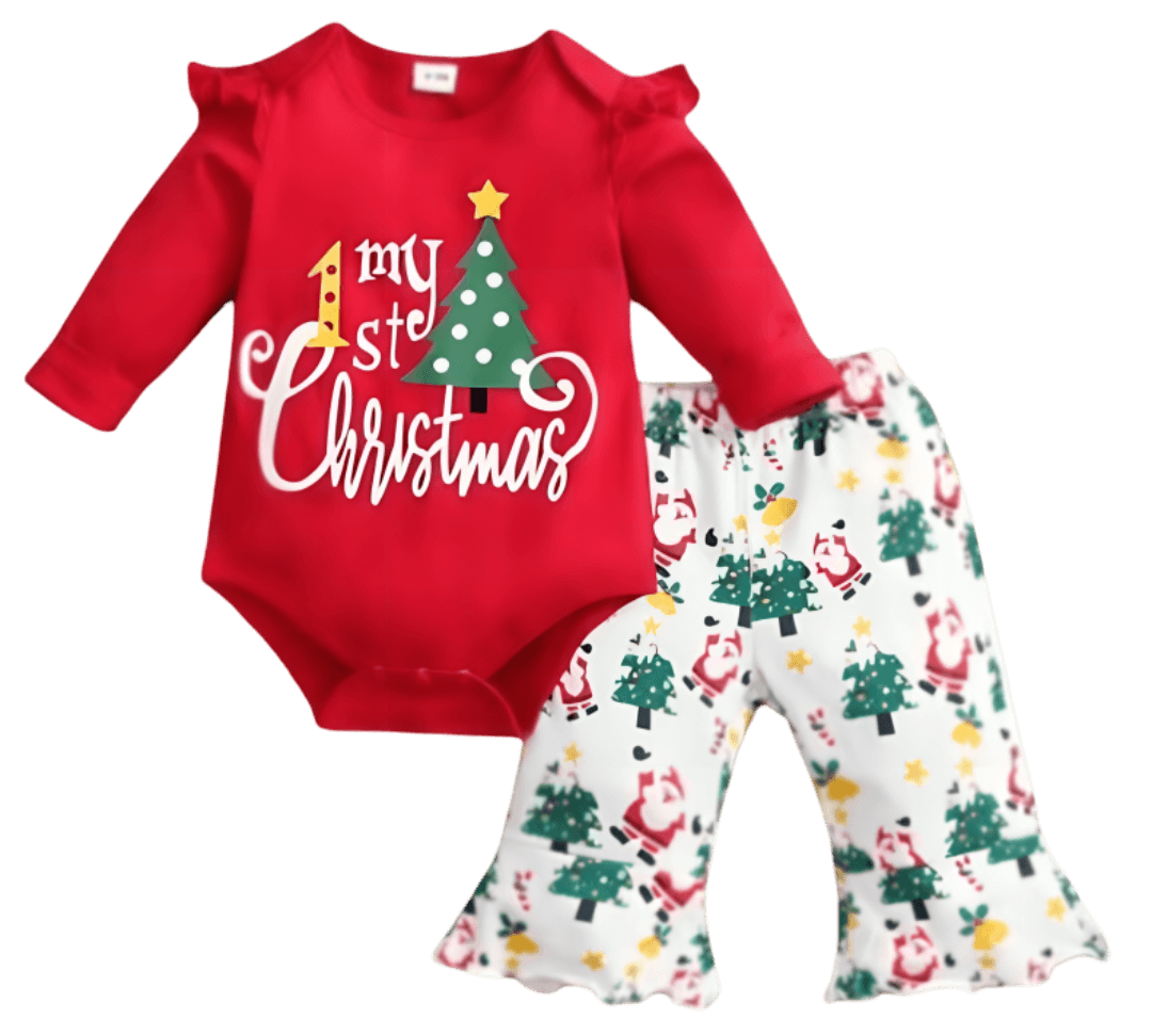 Cute baby girl’s 1st Christmas holiday bodysuit and pants set featuring a Christmas tree design. Ideal for a baby girl's first Christmas outfit.
