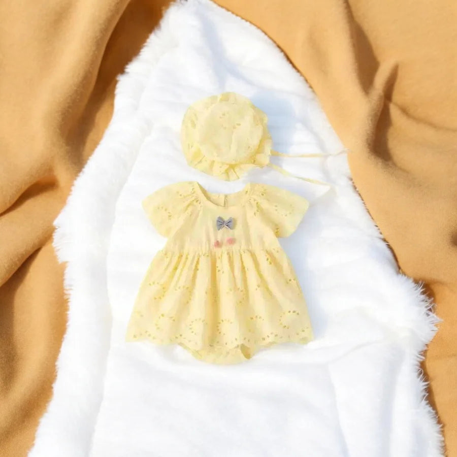 Baby Girl Cotton Yellow Romper Dress with Hat - 