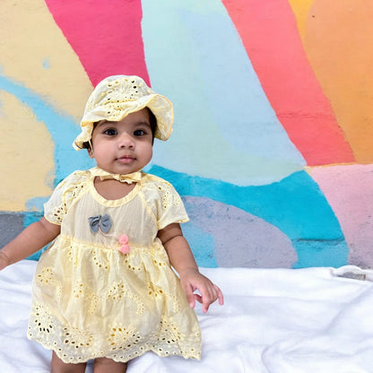 Baby Girl Cotton Yellow Romper Dress with Hat - 