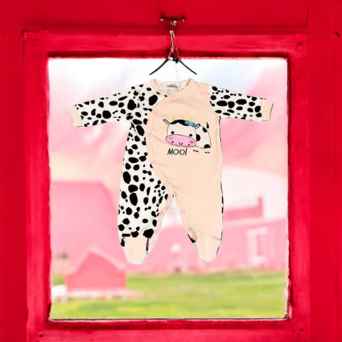 Baby Girl Cute Cow Print Footed Cotton Jumpsuit - 