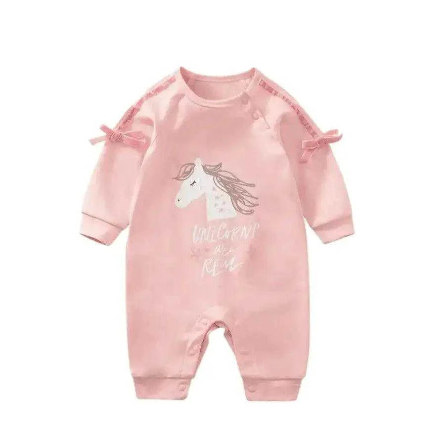 Cute pink romper for baby girls adorned with a charming unicorn, ideal for playful and stylish little fashionistas.