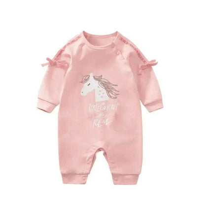 Cute pink romper for baby girls adorned with a charming unicorn, ideal for playful and stylish little fashionistas.