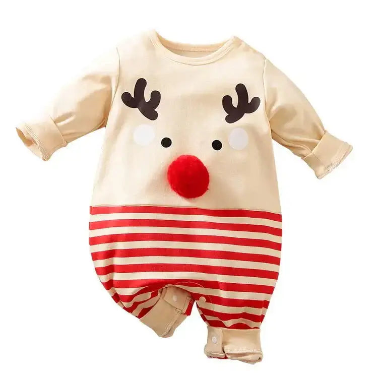 Close-up view of the holiday jumpsuit for baby featuring a whimsical elk design and joyful red stripes, perfect for festive occasions.