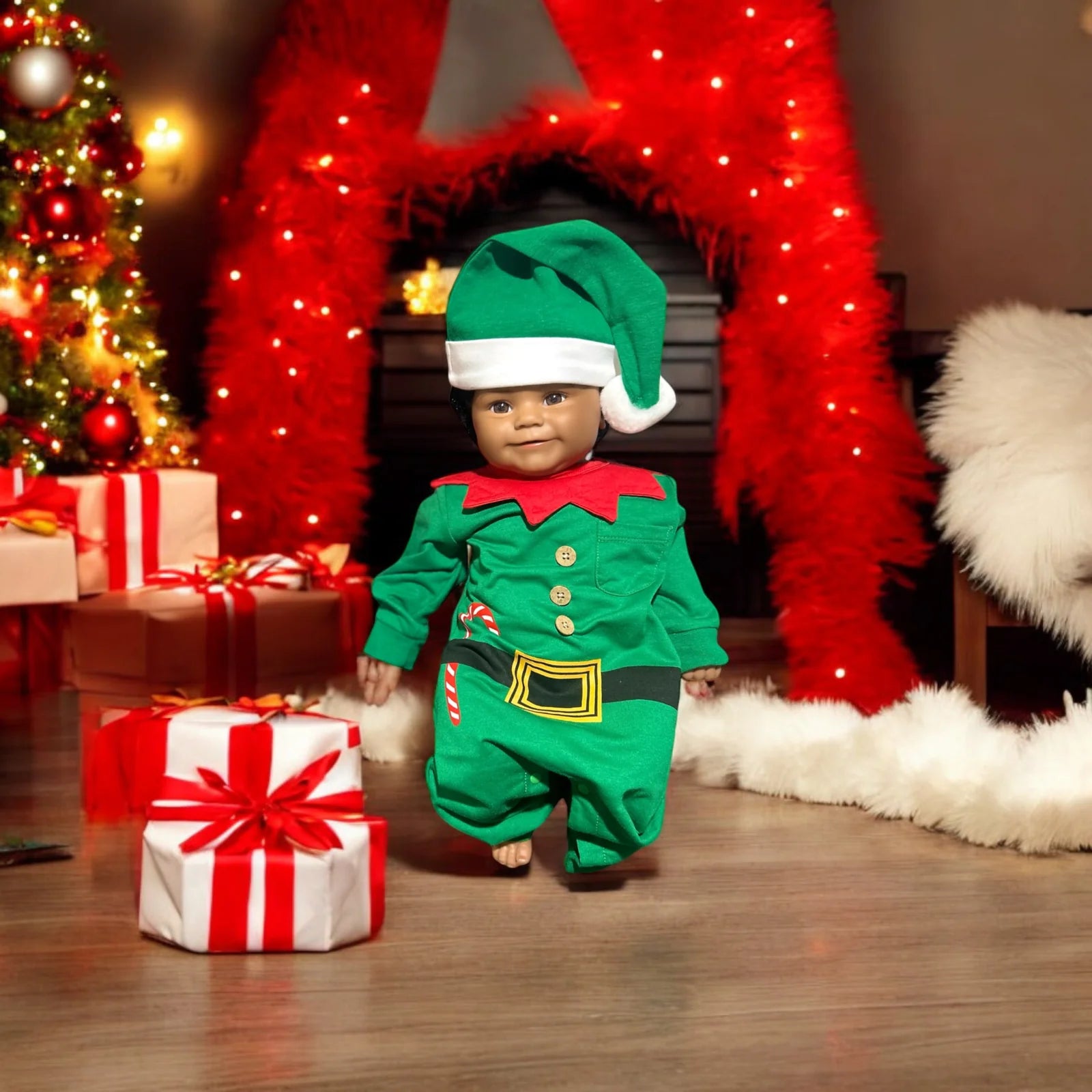 Baby Girl Boy Green Elf One-Piece Jumpsuit and Hat - 