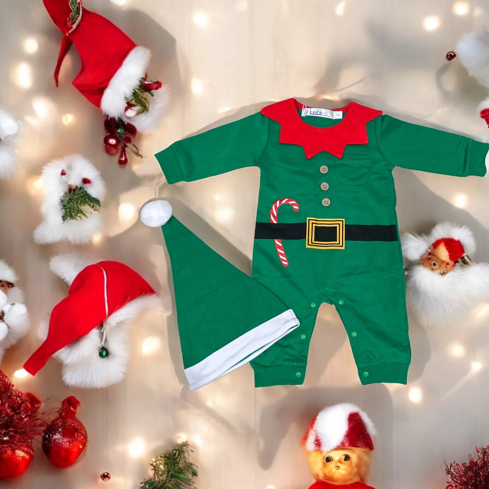 Baby Girl Boy Green Elf One-Piece Jumpsuit and Hat - 