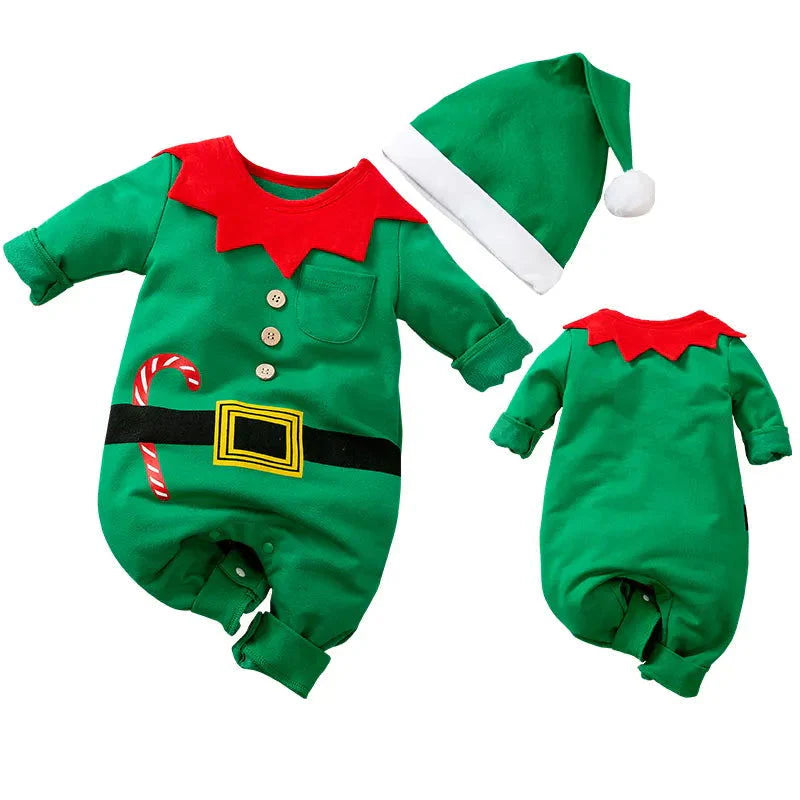 Green Elf Jumpsuit and Hat displayed in a flat lay, designed for gender-neutral holiday cheer, showcasing colorful buttons and candy cane details.