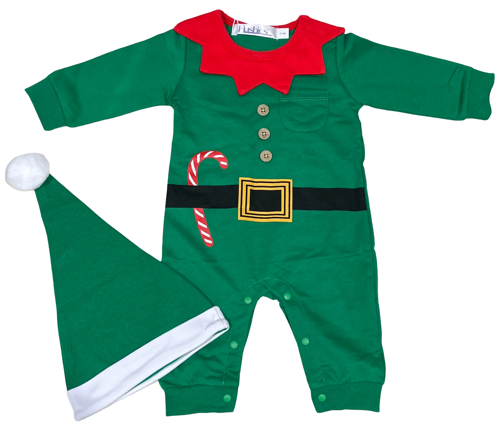 Baby Girl Boy Green Elf One-Piece Jumpsuit and Hat - 