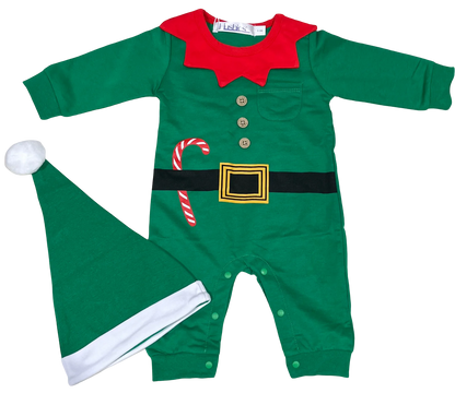 Baby Girl Boy Green Elf One-Piece Jumpsuit and Hat - 