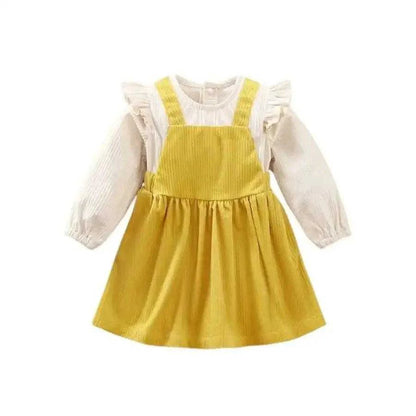 Adorable baby girl's long sleeve yellow dress with white sleeves, ideal for playful days and special moments.  