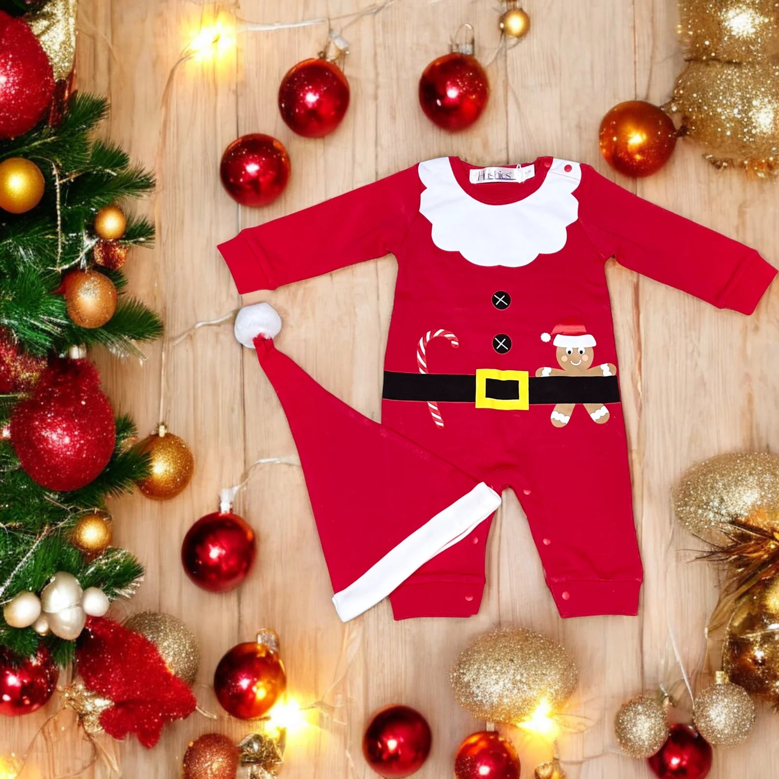 Baby Girl Boy Red Santa One-Piece Jumpsuit and Hat - 