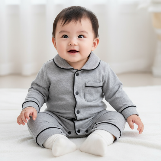 A happy baby boy wearing Soft Cotton Pajamas in Stylish Gray by Hushies, sitting on a soft surface and smiling, showcasing the comfort and style of soft cotton pajamas.