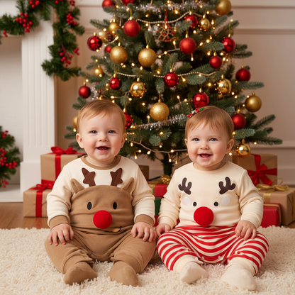 Two happy babies wearing a holiday jumpsuit for baby with playful elk design and red stripes, sitting together in front of a decorated Christmas tree, spreading festive cheer.