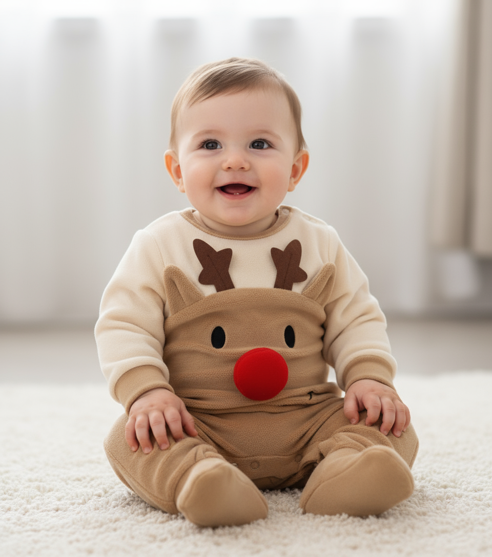 Adorable Reindeer Baby Jumpsuit - Cozy Gender Neutral Outfit for Festive Holidays, featuring a happy baby wearing a reindeer-themed jumpsuit, perfect for the holiday season.
