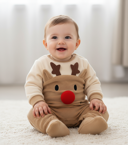 Adorable Reindeer Baby Jumpsuit - Cozy Gender Neutral Outfit for Festive Holidays, featuring a happy baby wearing a reindeer-themed jumpsuit, perfect for the holiday season.
