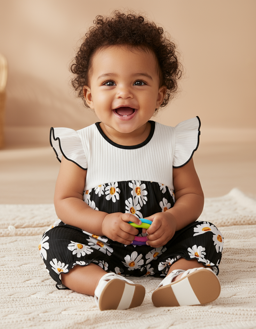 Happy baby girl wearing the Sunshine Daisy Baby Romper with a floral design, smiling while holding a colorful toy.