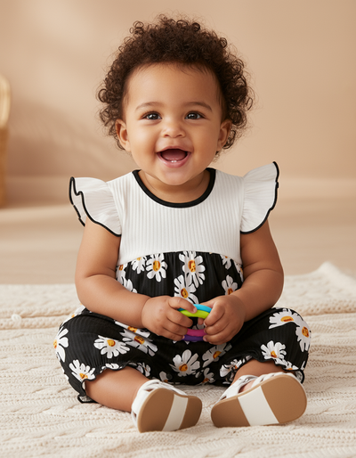 Happy baby girl wearing the Sunshine Daisy Baby Romper with a floral design, smiling while holding a colorful toy.