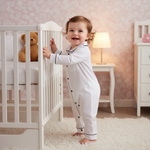 Adorable toddler smiling while standing next to a crib, wearing Soft Cotton Baby Pajamas with Button Closure & Long Sleeves in stylish white design.