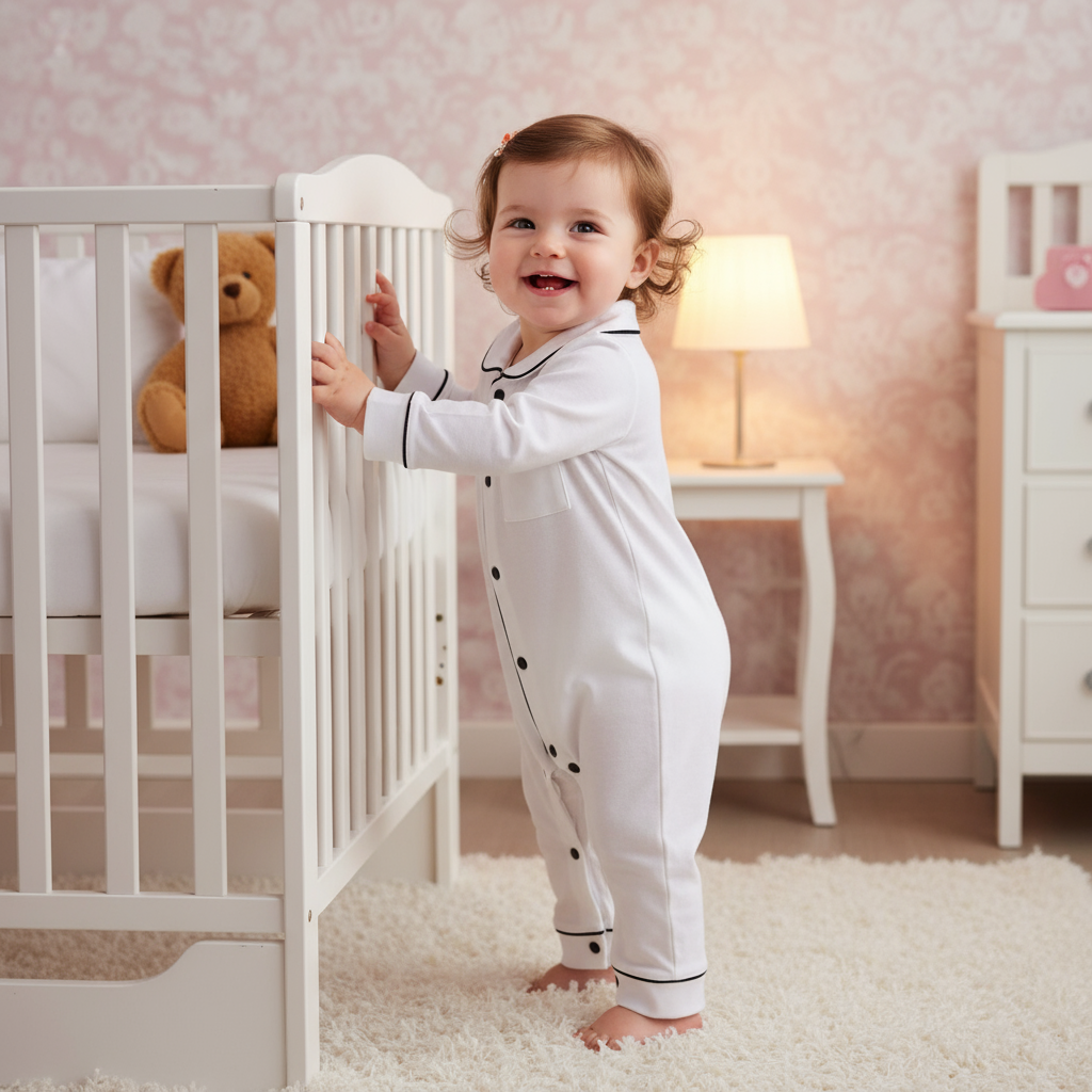 Adorable toddler smiling while standing next to a crib, wearing Soft Cotton Baby Pajamas with Button Closure & Long Sleeves in stylish white design.
