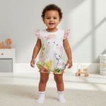 Adorable 1-Piece Deer & Zebra Print Baby Romper - Soft Breathable Baby Clothes, featuring a joyful toddler standing in the romper with playful animal graphics and ruffle sleeves.
