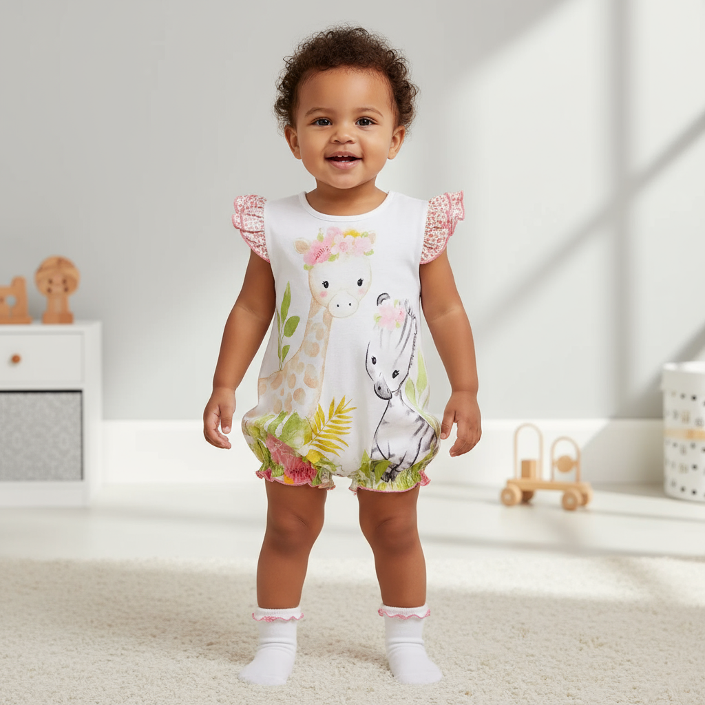 Adorable 1-Piece Deer & Zebra Print Baby Romper - Soft Breathable Baby Clothes, featuring a joyful toddler standing in the romper with playful animal graphics and ruffle sleeves.
