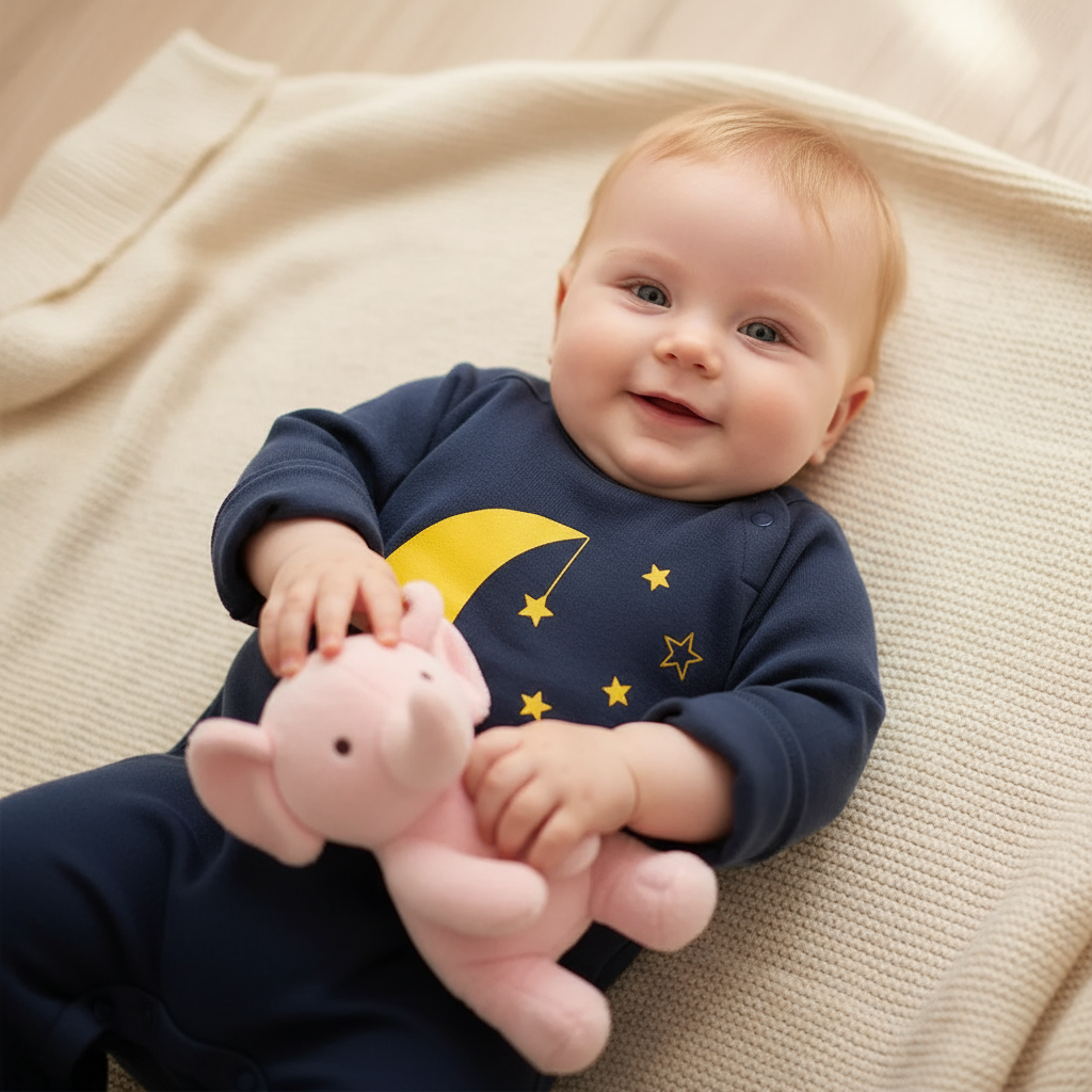 Smiling baby cuddling a plush toy while wearing a Baby Jumpsuit - Unisex Nighty Night Jumpsuit, designed for cozy nights.