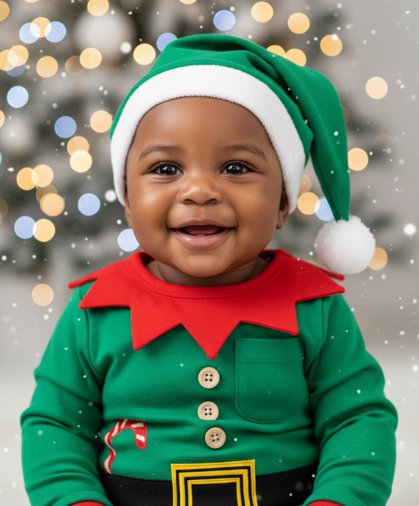 Cute baby smiling while wearing a Green Elf Jumpsuit and Hat, surrounded by festive decorations with a blurred Christmas tree in the background.